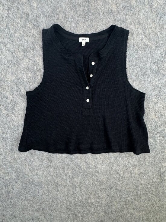 aerie Tops - Aerie Black Crop Tank Top Henley Sz M Waffle Knit